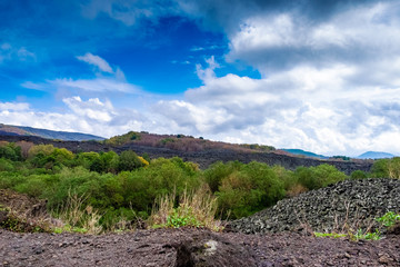 Picturesque volcanic landscape of Mount Etna, Etna national park, Sicily, Italy.