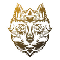 Vector hand drawn illustration of wolf isolated. Template for card, poster, banner, print for t-shirt, badge and patch.