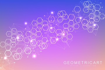 Science network pattern, connecting lines and dots. Technology hexagons structure or molecular connect elements.