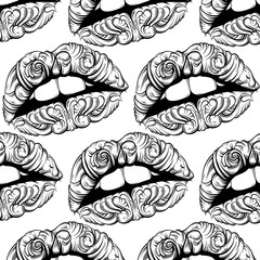 Vector pattern with  illustration of surreal lips made in hand drawn style. Tattoo art. Creative fairy artwork with elements of baroque. Template for card poster banner print for t-shirt.