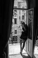 Happy and elegant woman portrait studio shot. Attractive adult blonde sexy girl. Beautiful healthy hair model girl stock image. Black and white photo