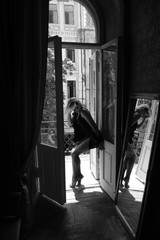 Happy and elegant woman portrait studio shot. Attractive adult blonde sexy girl. Beautiful healthy hair model girl stock image. Black and white photo