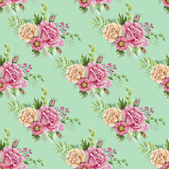 Seamless pattern of bouquets with flowers roses on a blue background. pattern pink flowers bouquets