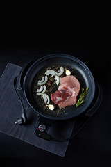 electric pan meat skillet pot connector plug food fry electrical adjustable onion black brown background table