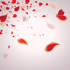 Falling romantic abstract bokeh red heart shaped confetti isolated on light background. Valentine's day concept