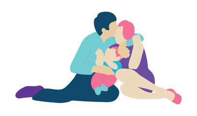 Family with a small kid sitting on the floor. People concept flat icons