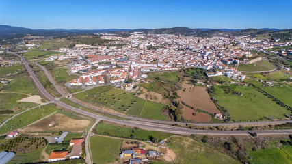 Fototapeta na wymiar Aerial. Historic Spanish village Jerez de los Caballeros filmed from the sky.