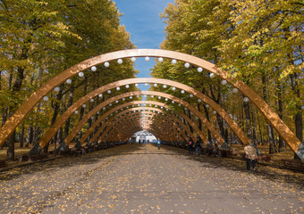 Sokolniki park, sunny autumn day wooden arch