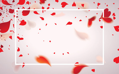 Falling romantic red hearty petals of flowers in the cover isolated on light background.Valentine's day concept.