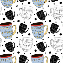 Vector seamless pattern of cups of coffee, tea, milk in Scandinavian style. Used for wallpapers, backgrounds, wrapping paper. © Anna