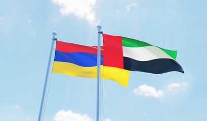UAE and Armenia, two flags waving against blue sky. 3d image