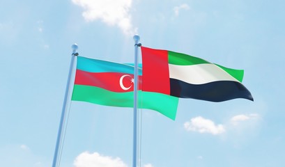UAE and Azerbaijan, two flags waving against blue sky. 3d image