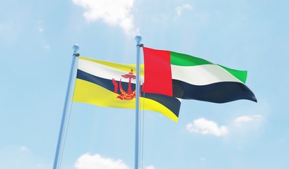 UAE and Brunei, two flags waving against blue sky. 3d image