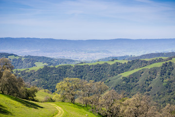 Verdant hills and valleys in Henry W. Coe State Park ,view towards Morgan Hill and San Martin, California