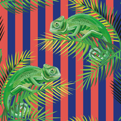 Chameleon on the palm leaves stripe coral blue background
