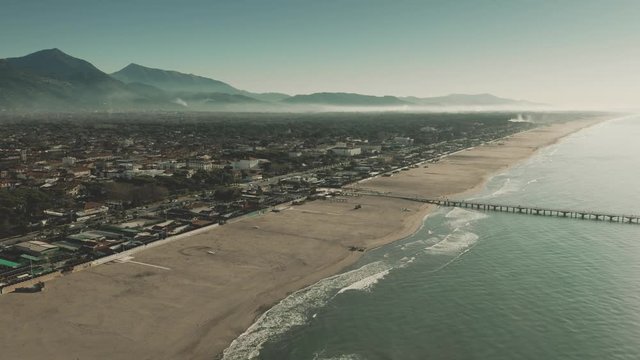 Aerial view of the sand beach of Forte dei Marmi. Italy