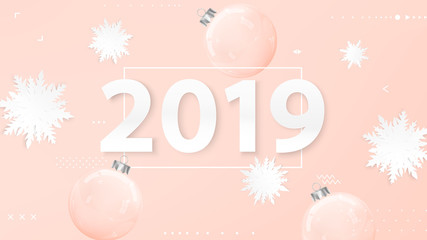 Christmas balls background. Snowflakes origami. New Year banner. Modern design. Pastel colors. Trendy. Christmas poster. Place for text. Winter holidays. Xmas vector.