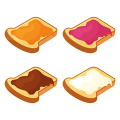 Set of slices of fried bread, toast with honey, jam, chocolate and butter. Vector illustration