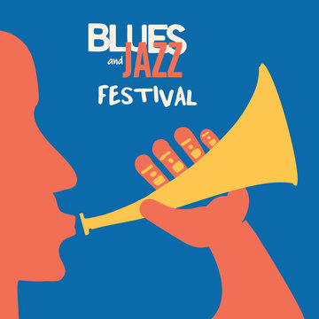 Jazz music festival poster with trumpet player flat vector illustration. Colorful music background with trumpeter, music festival poster, live concert events, party flyer