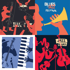 Fototapeta premium Set of music cards and banners. Music cards with instruments flat vector illustration design. Jazz music festival banners. Colorful jazz concert posters, party flyers, brochures