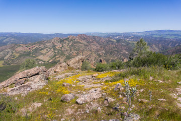 Fototapeta na wymiar View towards High Peaks; wildflowers blooming, Pinnacles National Park, California
