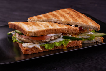 The crackling sandwich with chicken breast and fresh vegetables in cheese sauce