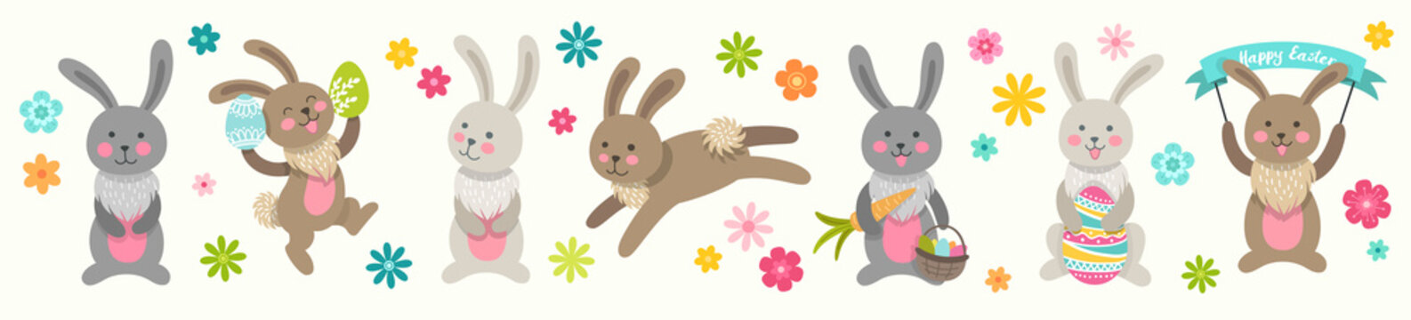 Set of cute Easter cartoon characters rabbits and design elements flowers. Easter bunny and flowers. Vector illustration