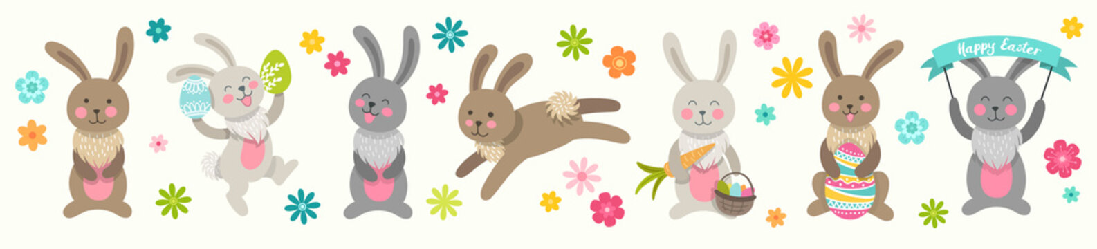 Set of cute Easter cartoon characters rabbits and design elements flowers. Easter bunny and flowers. Vector illustration