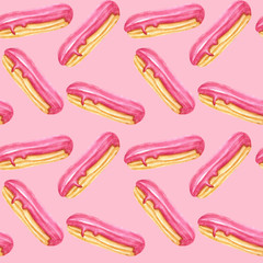 seamless pattern of watercolor desserts and pastries : cakes, pastries, candies, eclairs. Suitable for packaging and decoration of pastries and sweets.