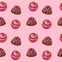 seamless pattern of watercolor desserts and pastries : candies, chocolate. Suitable for packaging and decoration of pastries and sweets.