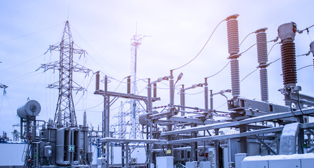 High-voltage power lines, at the substation with transformer