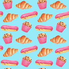 seamless pattern of watercolor desserts and pastries : cakes, pastries, eclairs, muffins. Suitable for packaging and decoration of pastries and sweets.