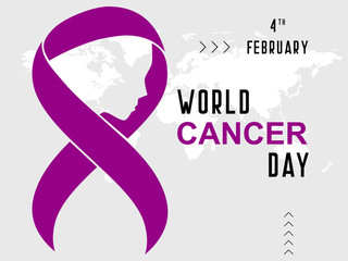 World cancer day. Lavender purple ribbon for raising awareness of all kind tumors supporting people living with illness