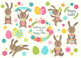 Set of cute Easter cartoon characters rabbits and design elements flowers. Easter bunny, eggs and flowers. Vector illustration