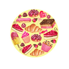 template from watercolor desserts and pastries in the form of a circle: cakes, pastries, sweets, chocolate, eclairs, muffins, donuts. Suitable for packaging and decoration of pastries and sweets.