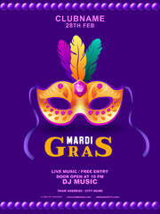 Mardi gras or carnivale mask with feathers. Beautiful Mardi gras concept design for poster, greeting card, party invitation, banner or flyer. Vector Illustration. Mardi gras background