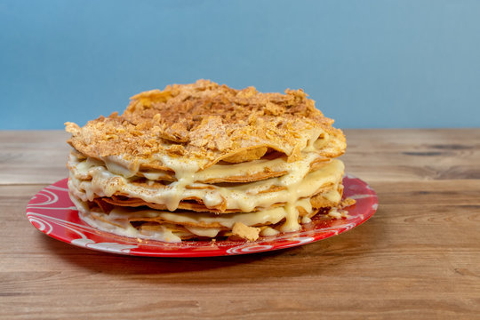 Homemade cake Napoleon with custard