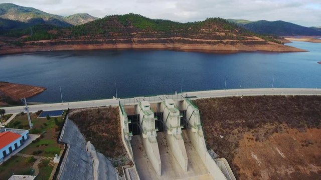 Aerial. Portuguese hydroelectro dam Odelouca, in mountains of Monchique. Algarve Portugal