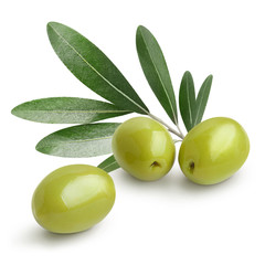 Ripe green olives with leaves, isolated on white background