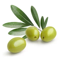 Fotobehang Ripe green olives with leaves, isolated on white background © Yeti Studio