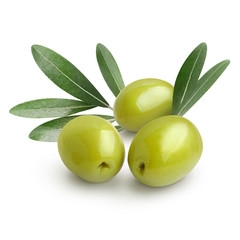 Ripe green olives with leaves, isolated on white background