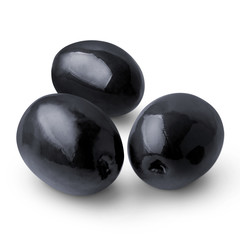Delicious black olives, isolated on white background