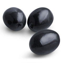 Delicious black olives, isolated on white background