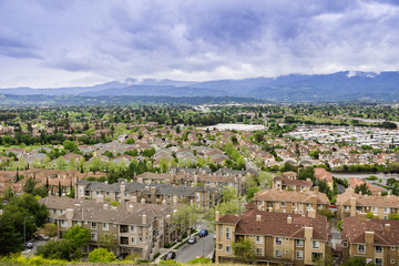 Fototapeta na wymiar Aerial view of residential neighborhood on a cloudy day, San Jose, California