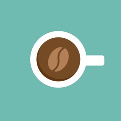 white cup of coffee with shadow. top view isolated on blue. coffee break