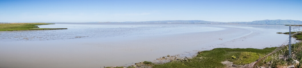 Panoramic view of the marsh and ponds in south San Francisco bay, California