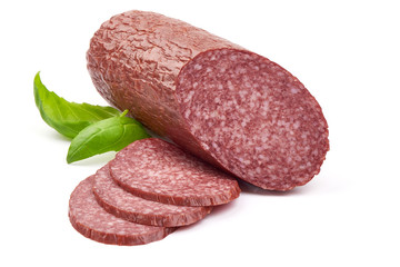 Dried Smoked Salami with slices, close-up, isolated on a white background