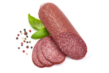 Beef Salami Sausage, top view, isolated on a white background