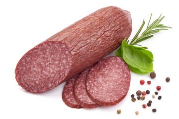 Fresh Smoked Salami, close-up, isolated on a white background