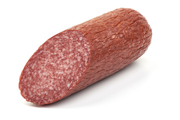 Smoked Salami Sausage, close-up, isolated on a white background